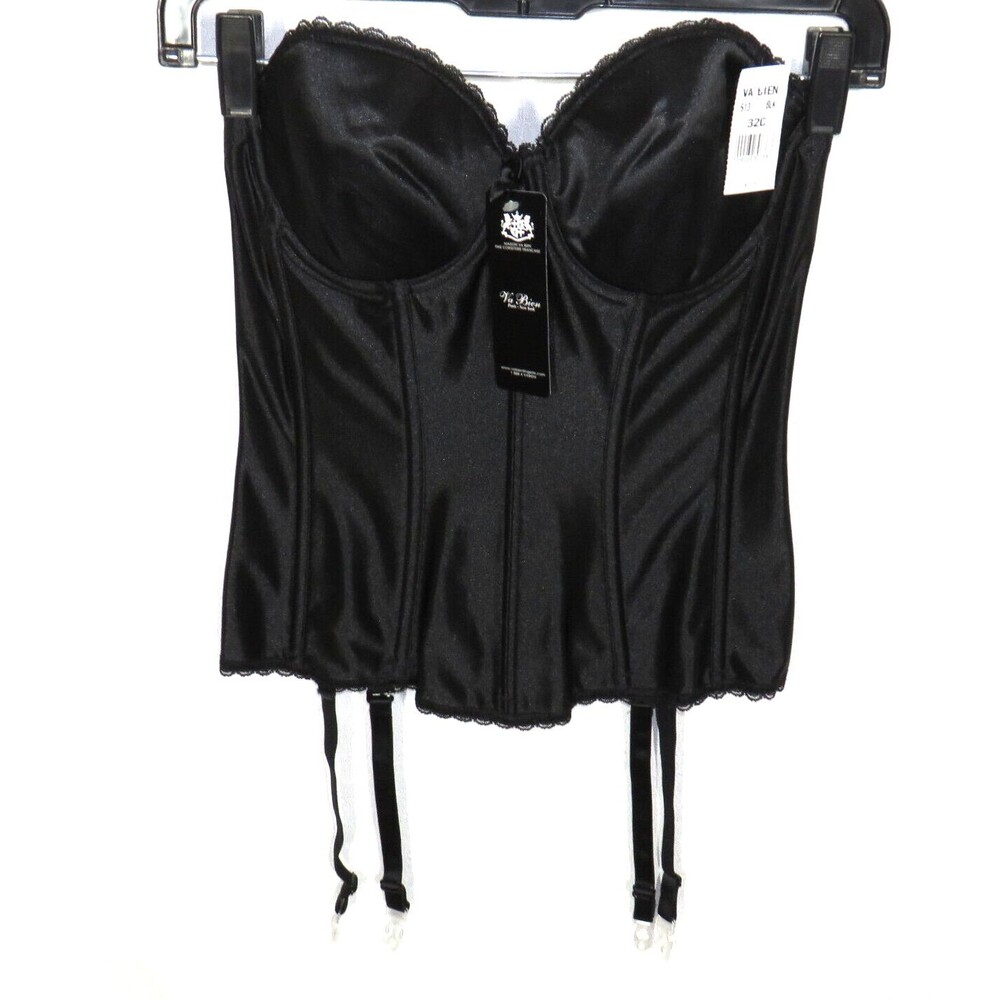 Va Bien Black Satin Lace Trimmed Strapless Corset Size 32C
